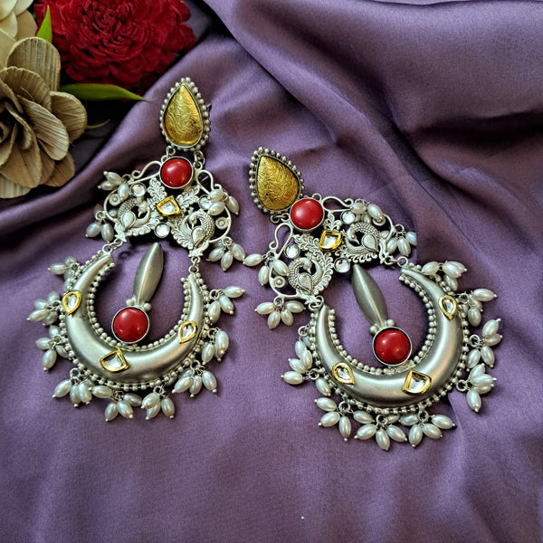 Ekani Kriti 92.5 Silver Kundan Jadau Brass Made Electro Silver Plated Big Bold Statement Earrings