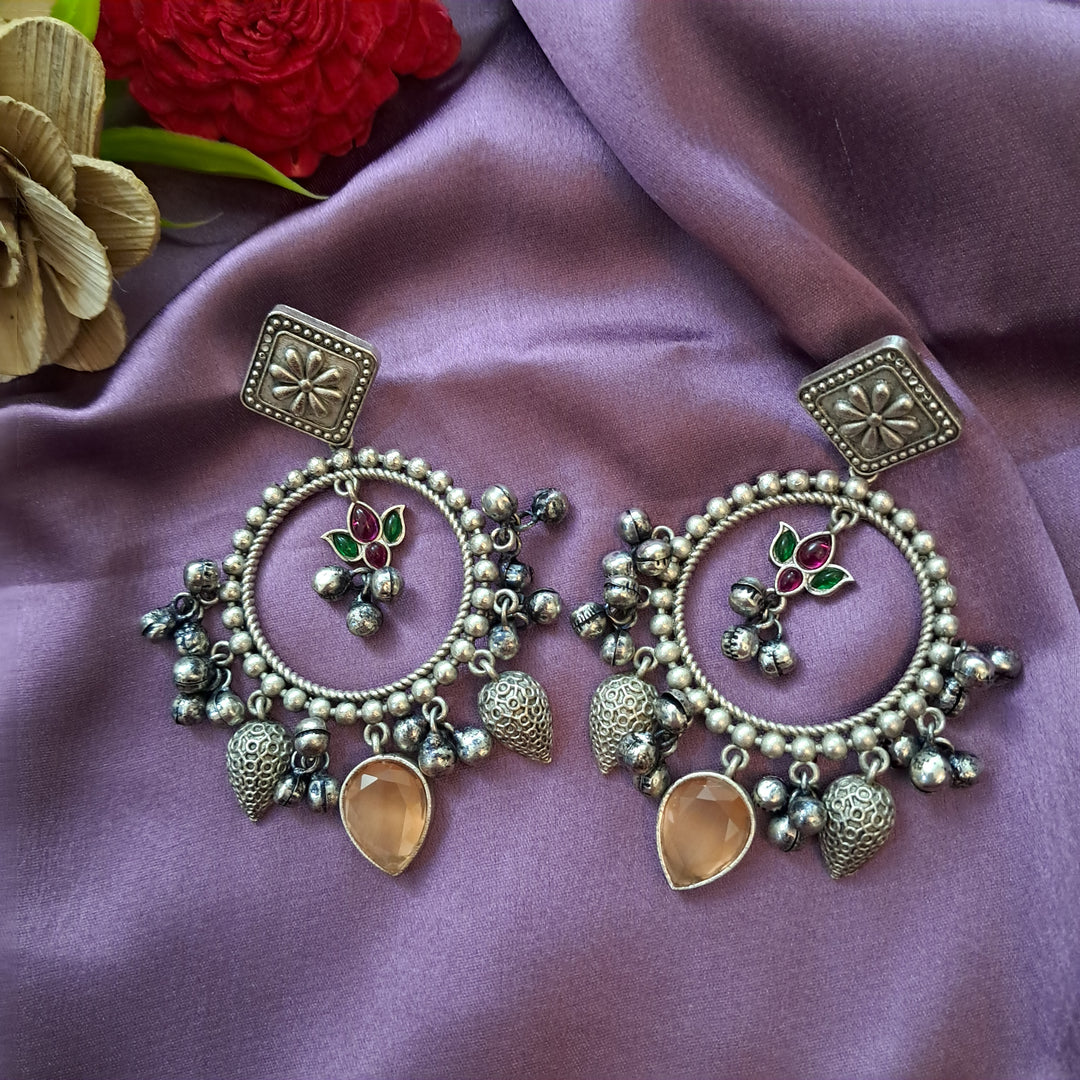 Ekani Aathavi Brass Silver Kundan And Darjeeling Stone Dangler Earrings