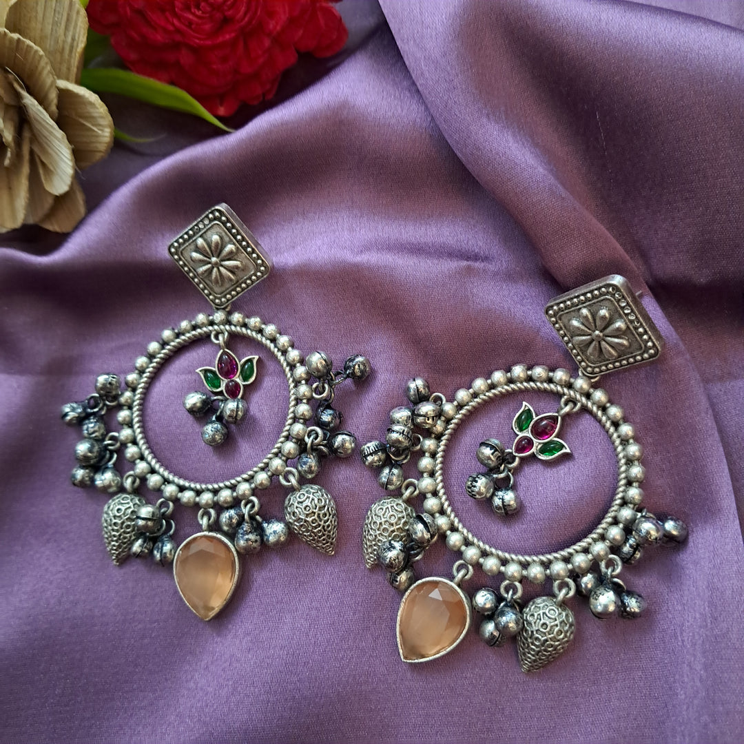 Ekani Aathavi Brass Silver Kundan And Darjeeling Stone Dangler Earrings