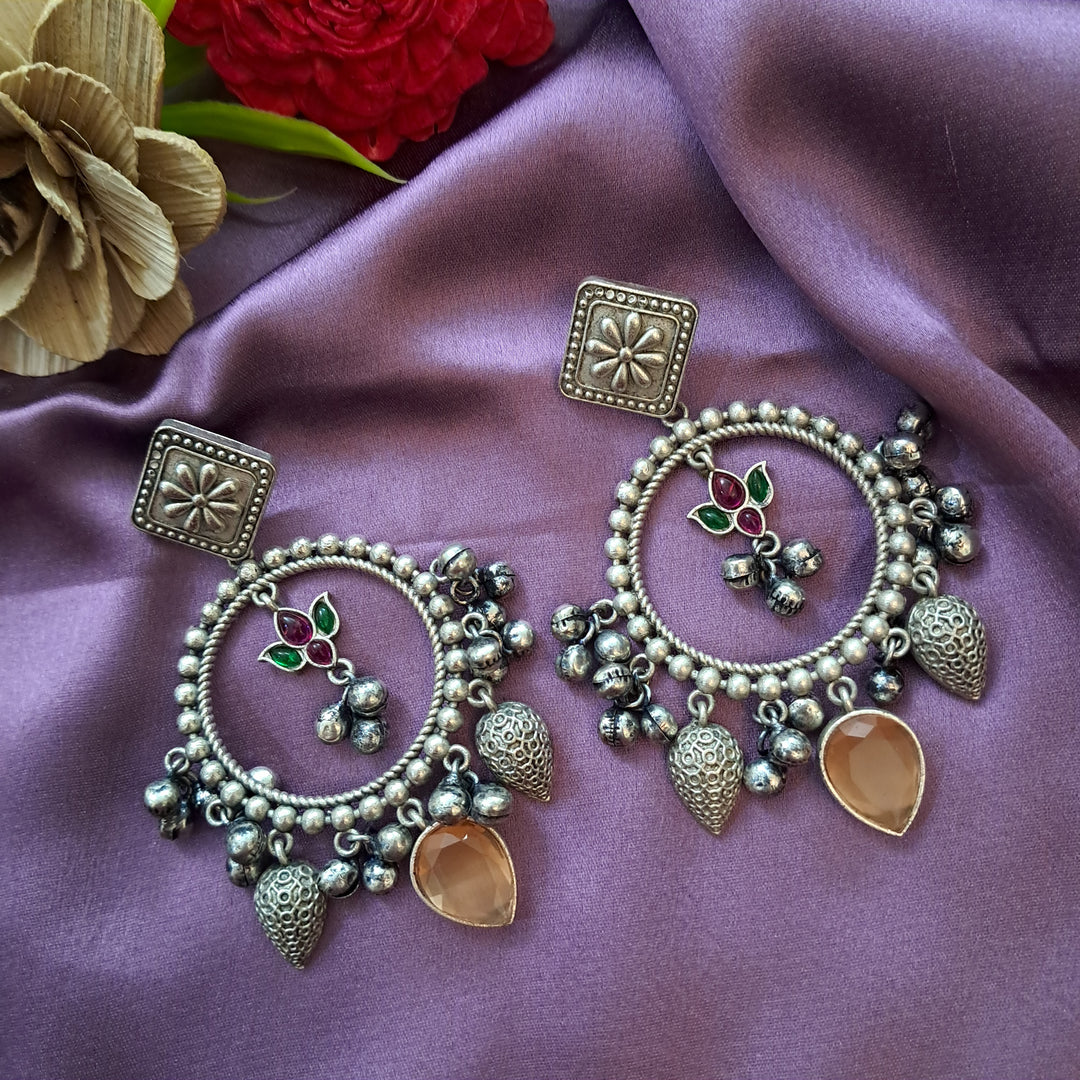 Ekani Aathavi Brass Silver Kundan And Darjeeling Stone Dangler Earrings