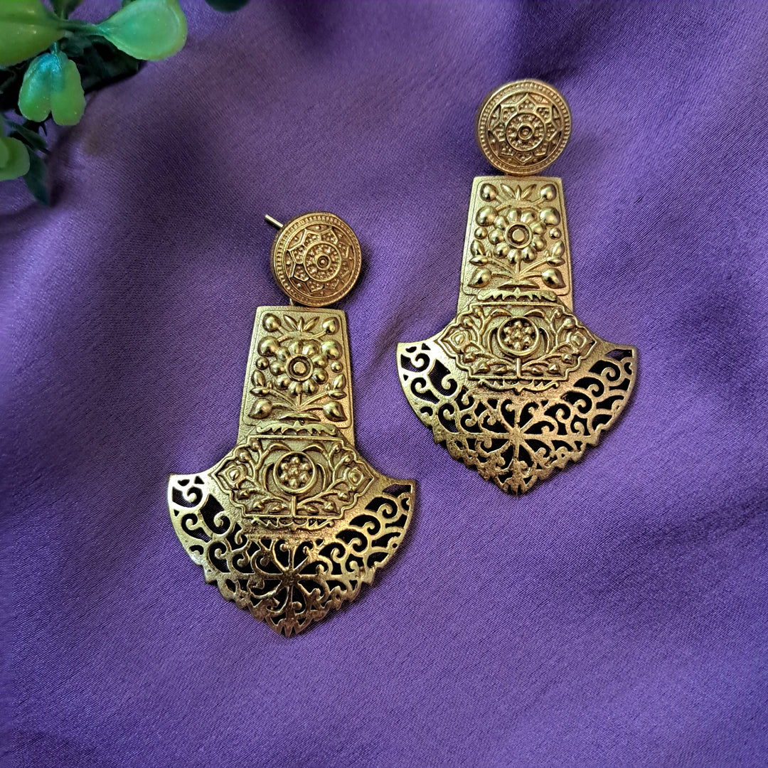 Ekani Samaya Jaali Embossed Work Gold Polish Brass Earrings