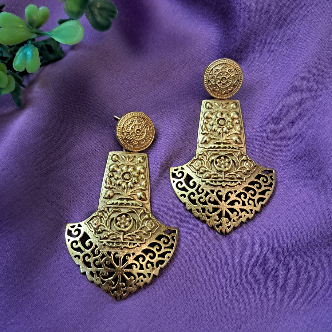 Ekani Samaya Jaali Embossed Work Gold Polish Brass Earrings