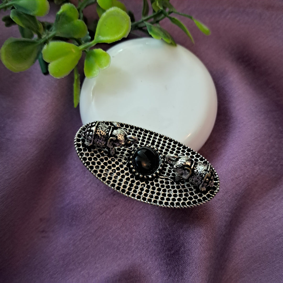 Ekani Black Double Elephants Brass Silver Ring