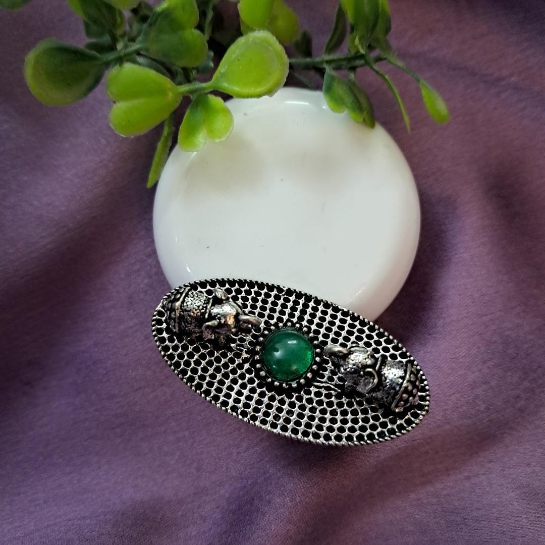 Ekani Green Double Elephants Brass Silver Ring