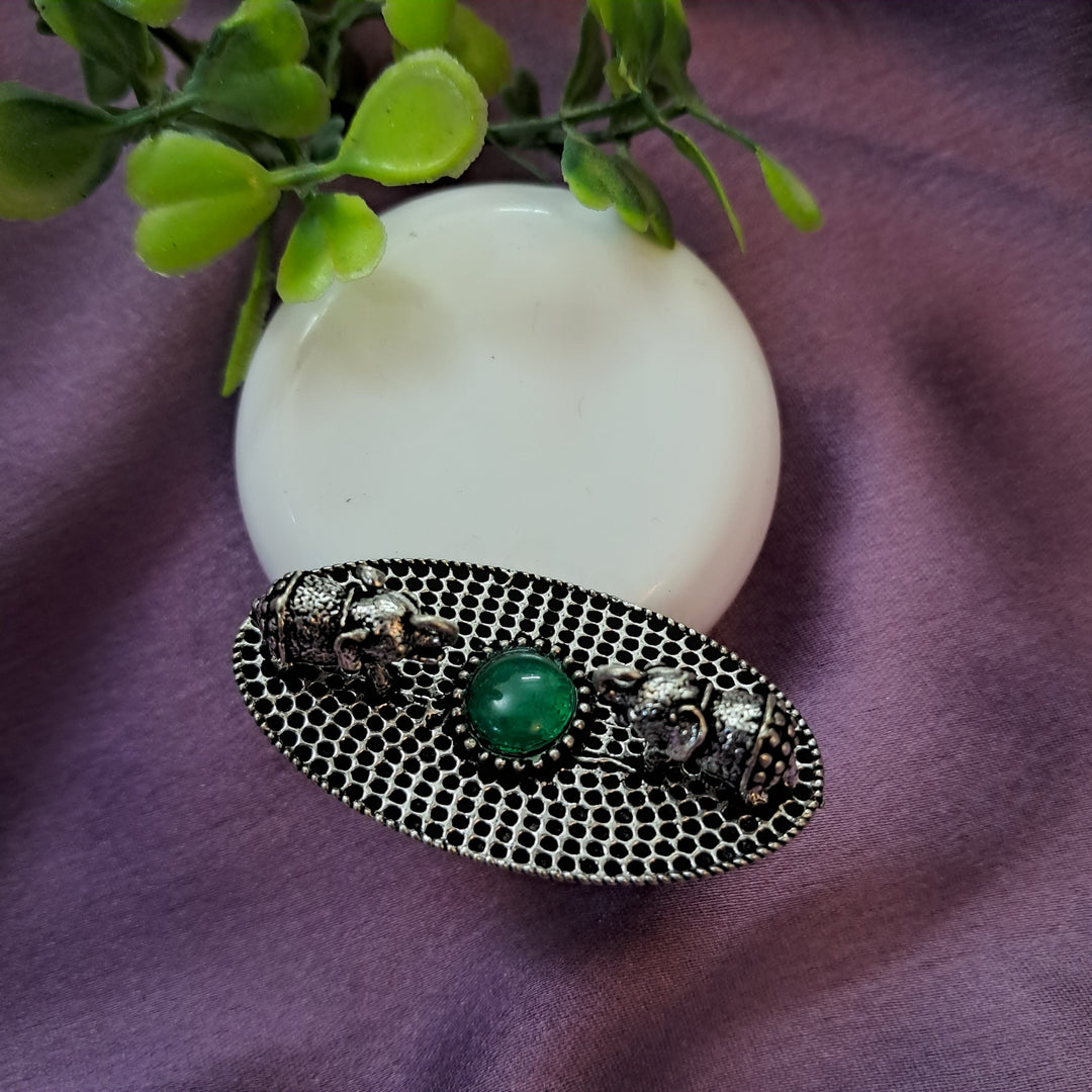 Ekani Green Double Elephants Brass Silver Ring