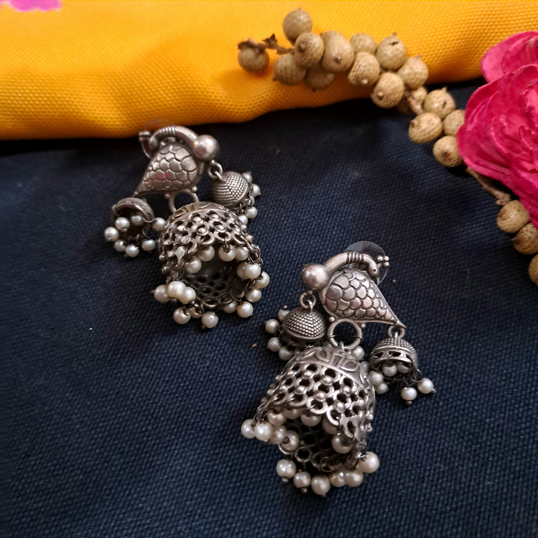 Ekani Antique Brass Silver Plated Pearl Jhumka Earrings