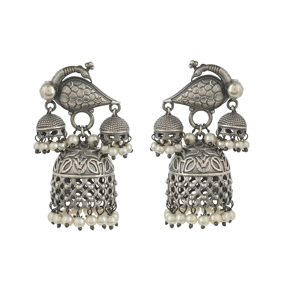 Ekani Antique Brass Silver Plated Pearl Jhumka Earrings