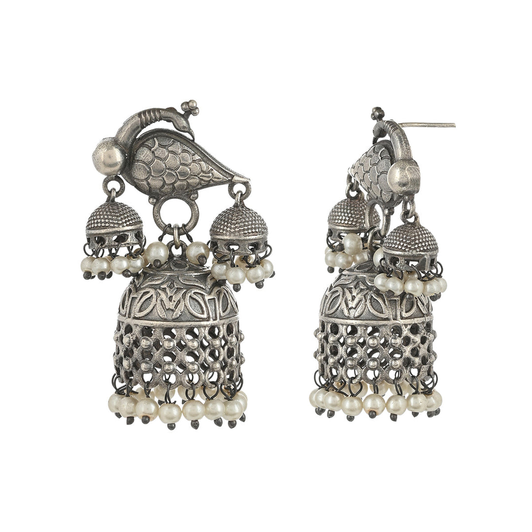 Ekani Antique Brass Silver Plated Pearl Jhumka Earrings