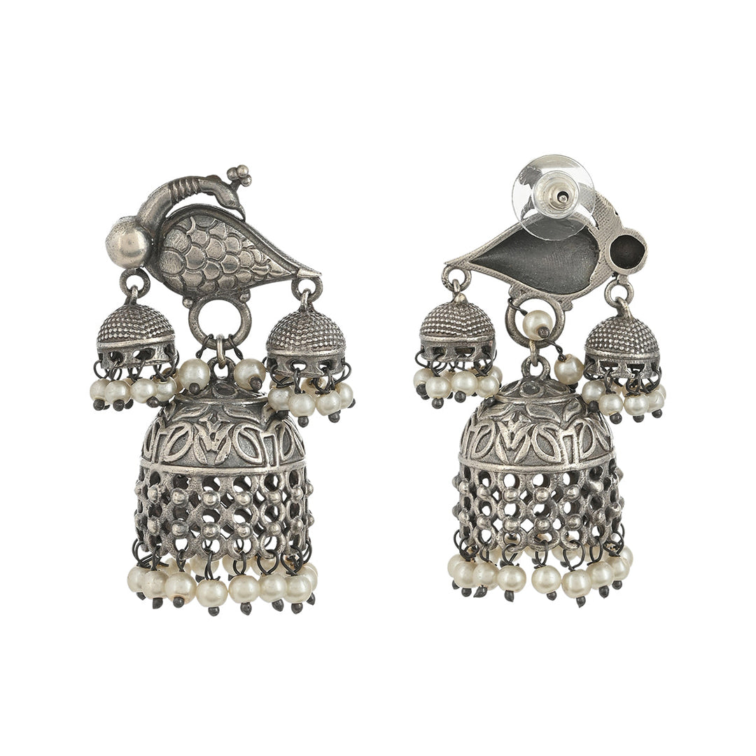 Ekani Antique Brass Silver Plated Pearl Jhumka Earrings