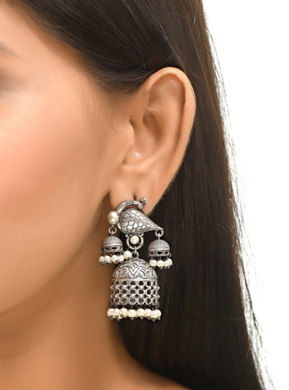 Ekani Antique Brass Silver Plated Pearl Jhumka Earrings