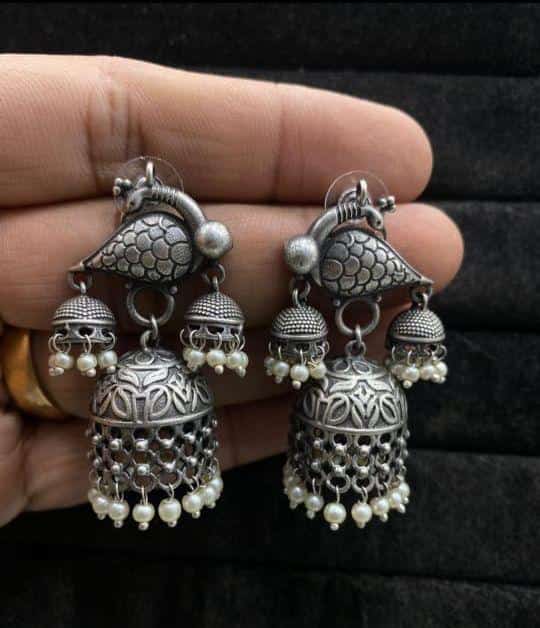 Ekani Antique Brass Silver Plated Pearl Jhumka Earrings