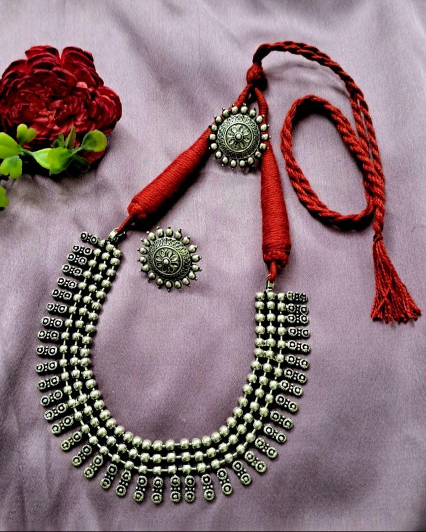 Ekani Aathiza Brass Silver Oxidised Necklace Set