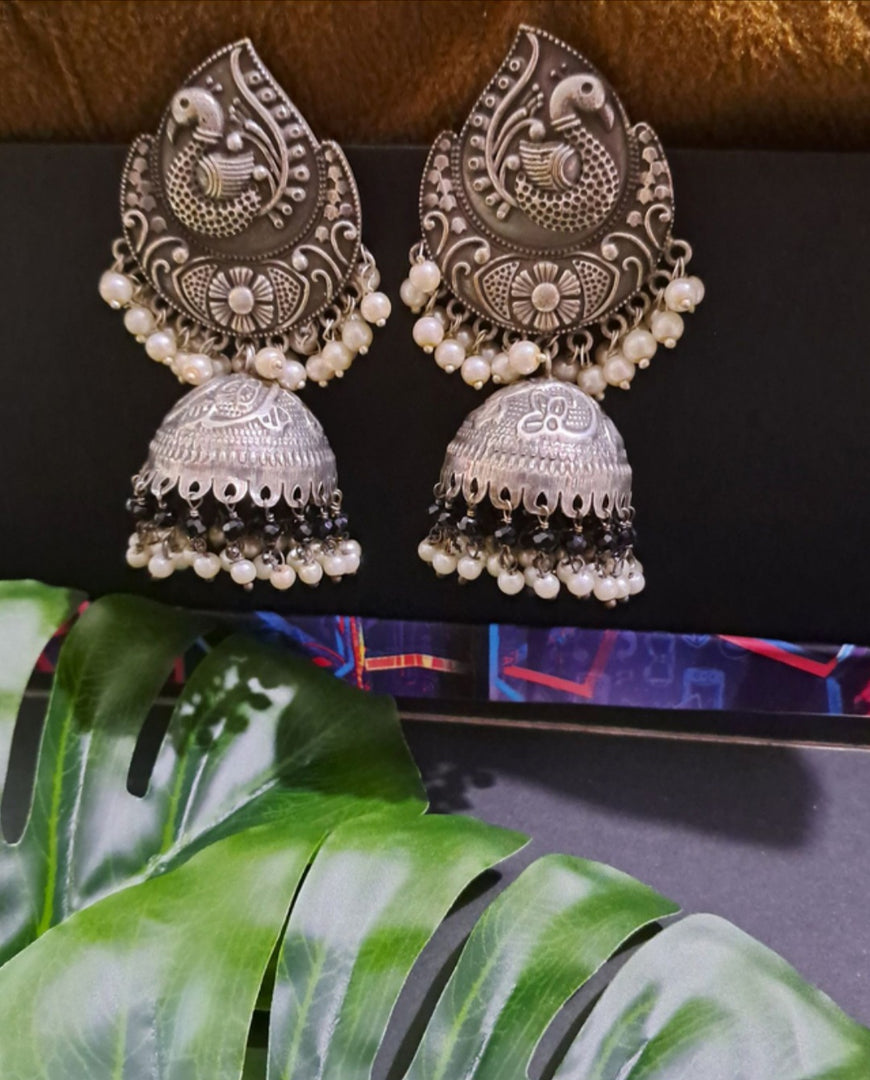 Ekani Antique Elegance Brass Silver Jhumka Earrings