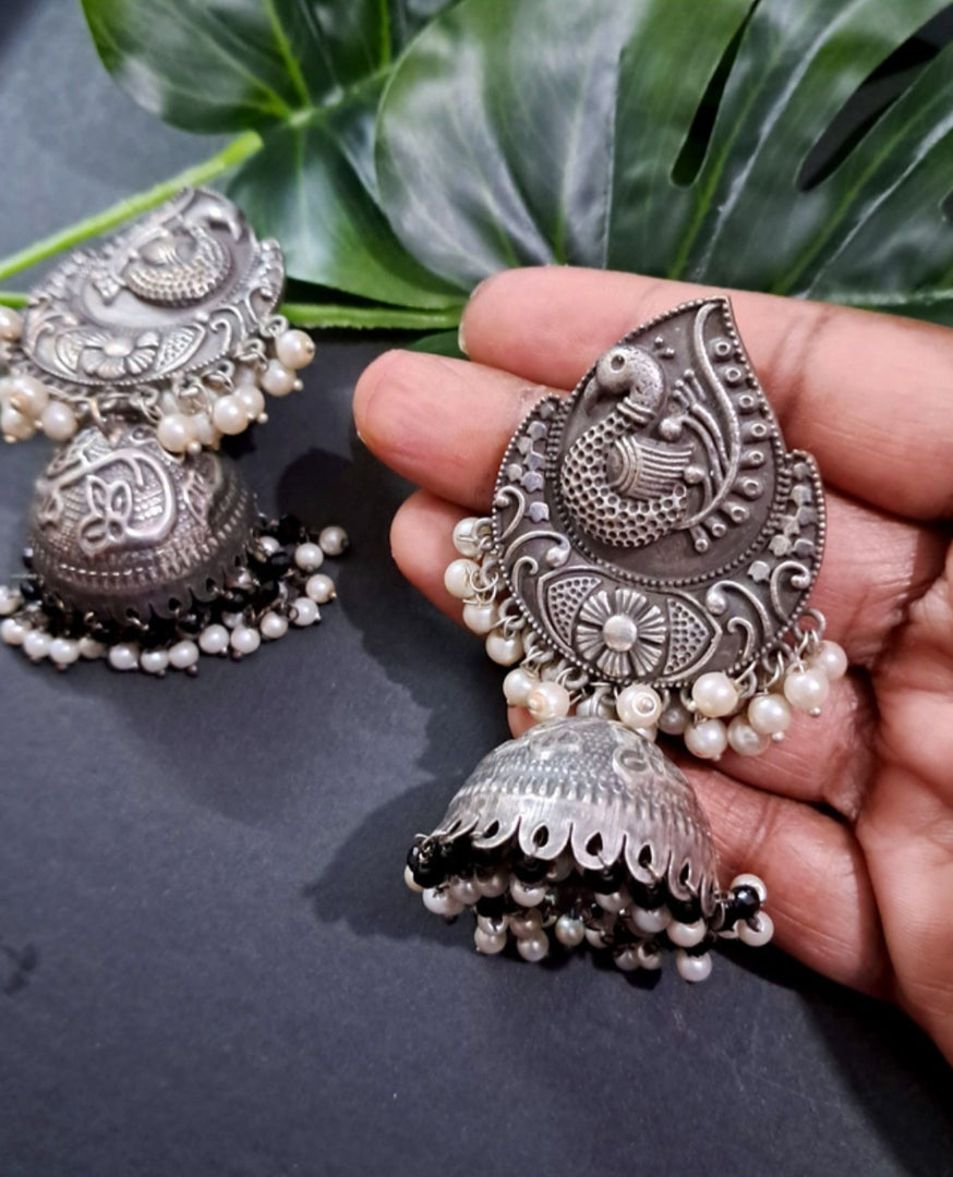 Ekani Antique Elegance Brass Silver Jhumka Earrings