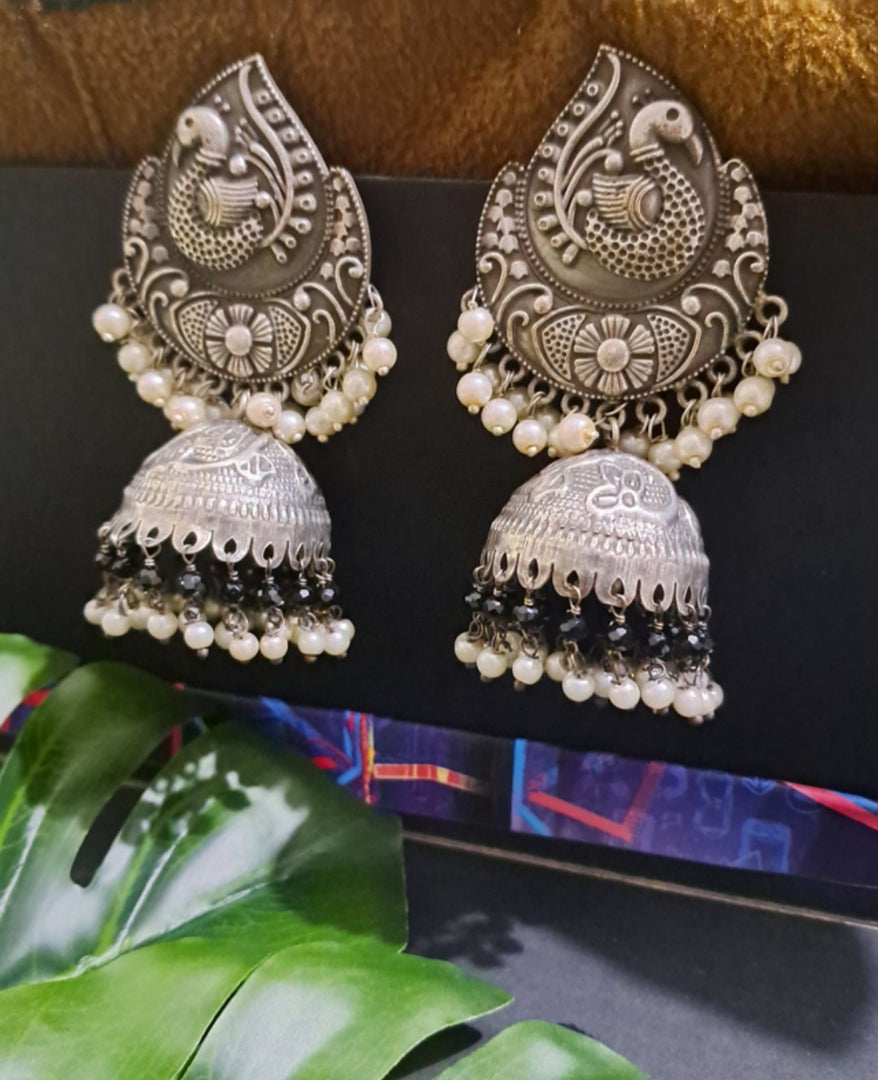 Ekani Antique Elegance Brass Silver Jhumka Earrings