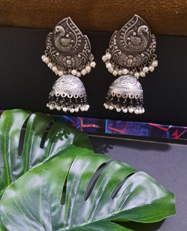 Ekani Antique Elegance Brass Silver Jhumka Earrings