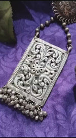 Load and play video in Gallery viewer, Ekani Chitai Work Brass Silver Necklace Combo Set
