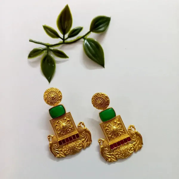 Ekani Samaya 1 Gram Gold Polish Brass Green Stone Earrings