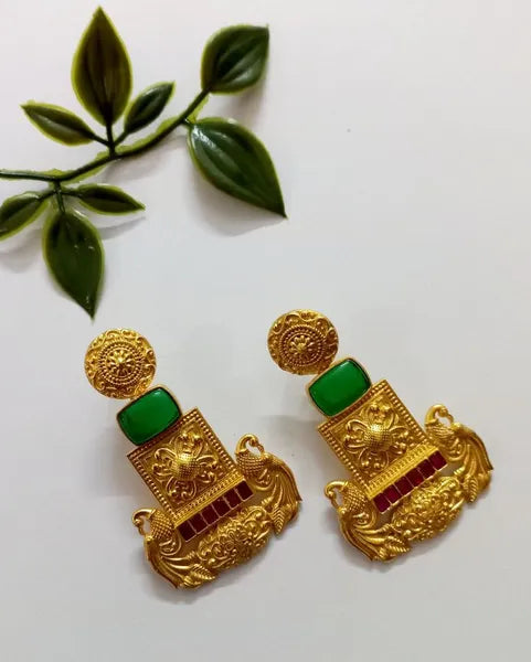 Ekani Samaya 1 Gram Gold Polish Brass Green Stone Earrings