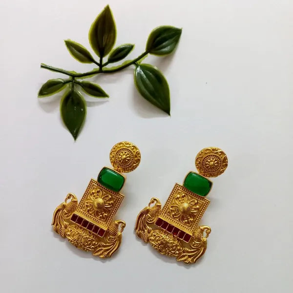 Ekani Samaya 1 Gram Gold Polish Brass Green Stone Earrings