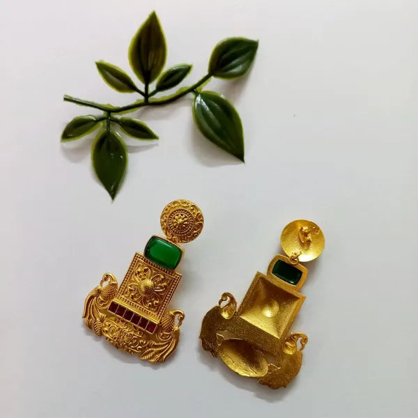 Ekani Samaya 1 Gram Gold Polish Brass Green Stone Earrings