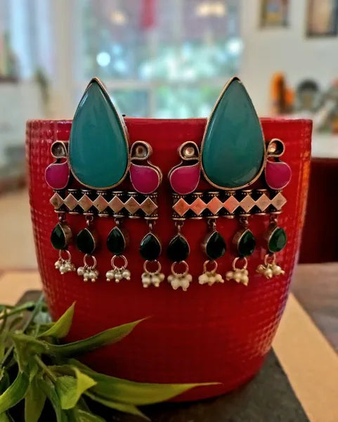 Ekani Abha Premium Quality Brass Silver Polish Enamel Handpainted Kundan Earrings