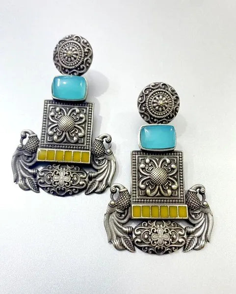 Ekani Hina Silver Polish Replica Floral Peacock Aqua Blue With Yellow Meenakari Handpainted Earrings