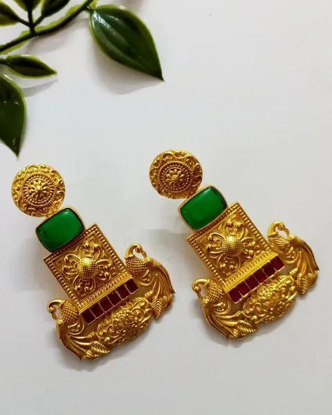 Ekani Samaya 1 Gram Gold Polish Brass Green Stone Earrings