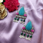 Load image into Gallery viewer, Ekani Abha Premium Quality Brass Silver Polish Enamel Handpainted Kundan Earrings
