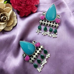 Load image into Gallery viewer, Ekani Abha Premium Quality Brass Silver Polish Enamel Handpainted Kundan Earrings
