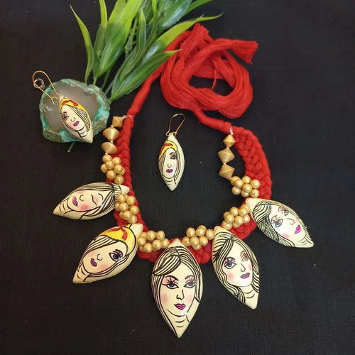 Ekani Indrani Unique Women Face Handmade Handpainted Beaded Terracotta Necklace Set